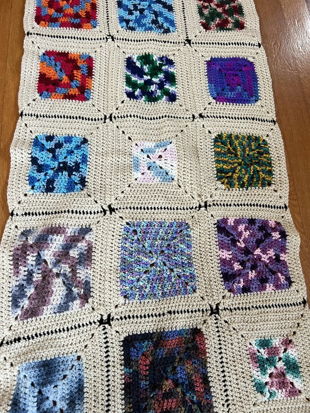 Handmade Crochet Granny Square Afghan Blanket Lap Throw Multicolor Beige Boho